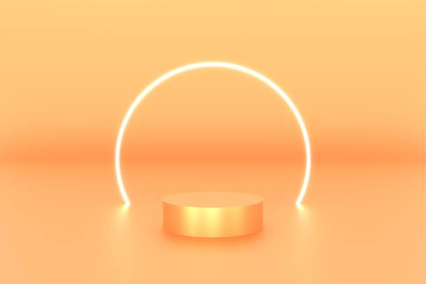 istock 3d platform orange color for product background stage or podium and blank display platform with ring neon white color. 3d illustration rendering 1600104561