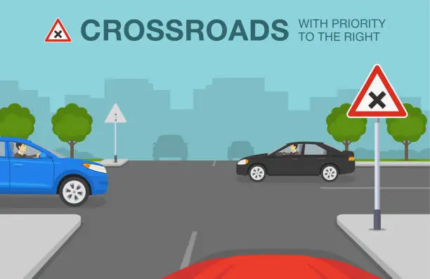 Vector illustration of Safety car driving and traffic regulating rules. Car is reaching the junction road. Crossroads with priority to the right sign meaning.