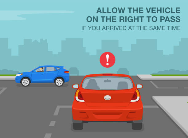 wskazówki dotyczące bezpiecznej jazdy i przepisy ruchu drogowego. pozwól pojazdowi po prawej stronie przejść, jeśli zbliżasz się w tym samym czasie. skrzyżowanie bez sygnalizacji świetlnej. - right of way stock illustrations
