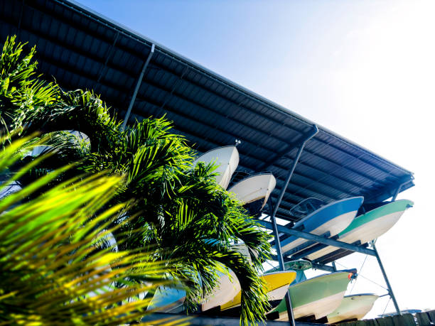 boats stored on steel racks at marina - repairing sky luxury boat deck imagens e fotografias de stock