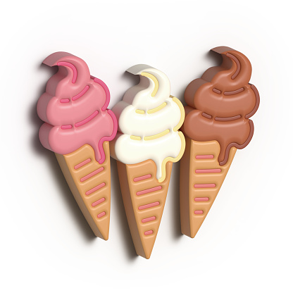 3D icon. Strawberry, Vanilla, Chocolate, Ice Cream. 3D Rendering, 3D Illustration. Isolated on a white background.