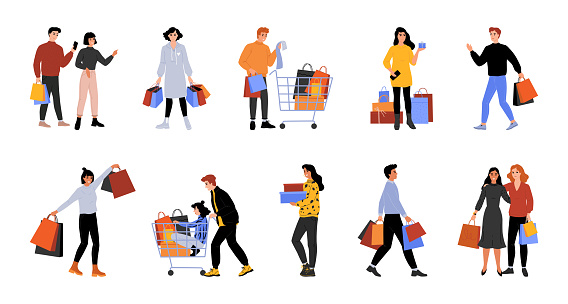 People shop in discount. Persons with shopping carts and bags. Happy men and women making purchase in retail mall. Customers buy or shoes and clothing. Store buyers set. Vector illustration collection