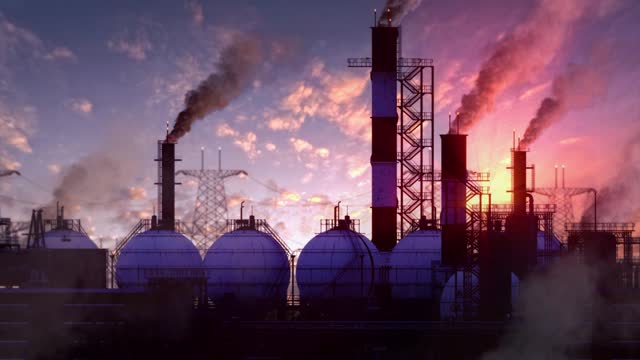 dramatic gas power plant with storage industrial hub at sundown, fictive - loop video