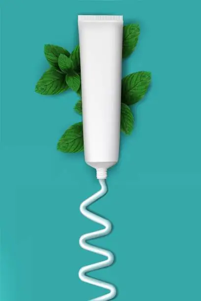 Vector illustration of Open toothpaste tube. White refreshing cream. Realistic mint tooth paste. Menthol herbs for fresh breathing. Lotion packaging. Spearmint leaves. Squeeze creme. Vector package template
