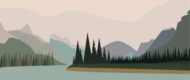 Vector illustration of Vector illustration. Concept of mountains and nature. Flat drawing. The illustration shows mountains, a lake and spruces. The picture is suitable for postcards, wallpapers, stickers and covers.