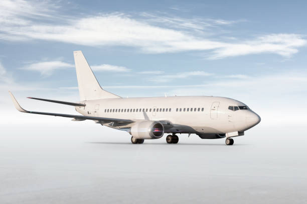 istock White passenger aircraft isolated on bright background with sky 1600131581