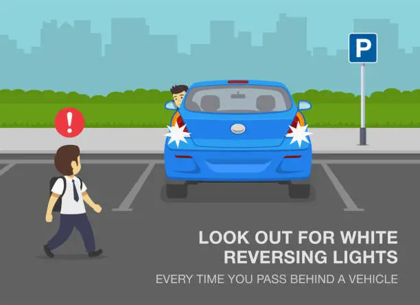 Vector illustration of Pedestrian safety rules. School kid is passing behind a reversing blue car. Look out for white reversing lights every time you pass behind a vehicle.