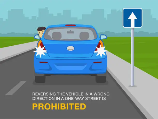 Vector illustration of Safe driving tips and traffic regulation rules. Reversing the vehicle in a wrong direction in a one-way street is prohibited.