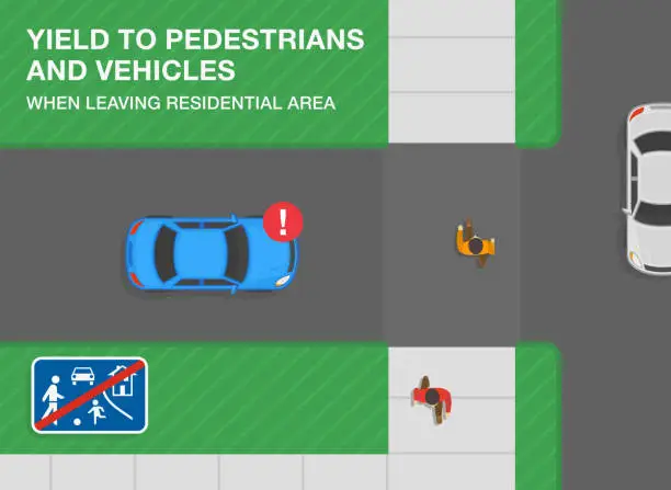 Vector illustration of Safe car driving tips and traffic regulation rules. Blue sedan car stops in front of character. Give way to pedestrians and vehicles when leaving residential area.