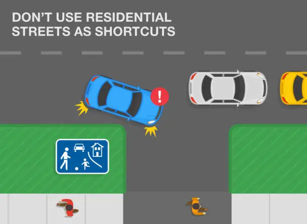 Vector illustration of Safe car driving tips and traffic regulation rules. Top view of a blue sedan turns right on road to escape traffic jam. Don't use residential streets as shortcuts.