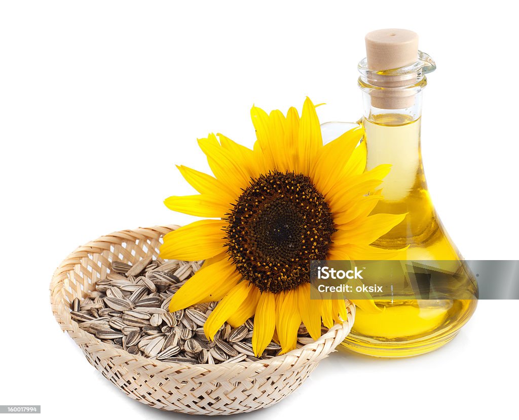 sunflower seed oil sunflower seed oil isolated on white background Beauty In Nature Stock Photo