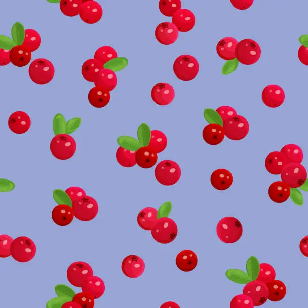 Vector illustration of Romantic seamless pattern with red ripe cranberries. Repeating background with berries. Vector print.