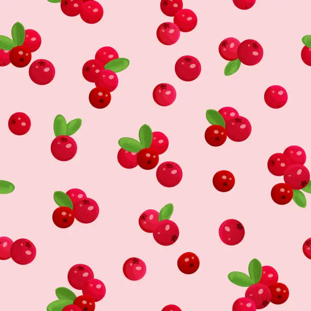 Vector illustration of Romantic seamless pattern with red ripe cranberries. Repeating background with berries. Vector print.