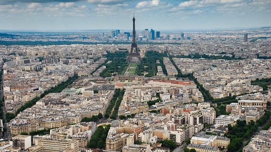 An aerial shot of a beautiful cityscape of Paris, France.