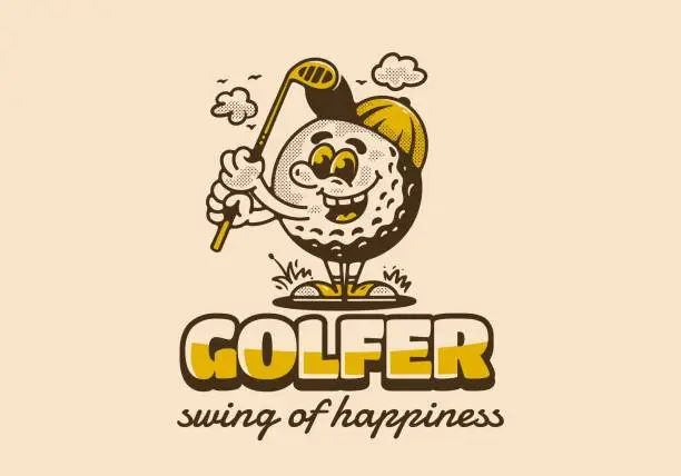 Vector illustration of Golfer swing of happiness, mascot character illustration of golf ball holding a golf stick
