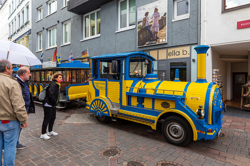 Koblenz, Germany - August 7th 2023: Tourist land train at stop near the centre of Koblenz