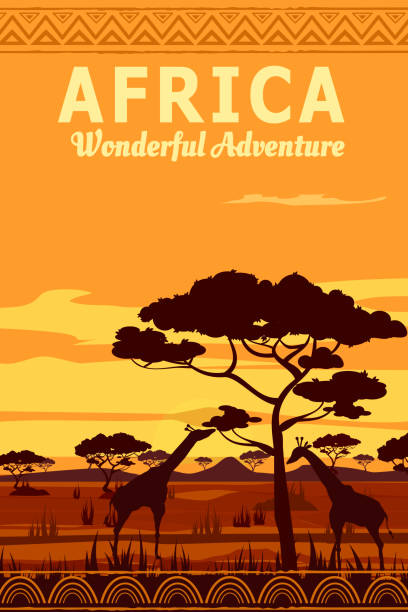 Travel poster Africa savanna sunset. Exotic landscape, giraffe, vintage, silhouette, vector illustration