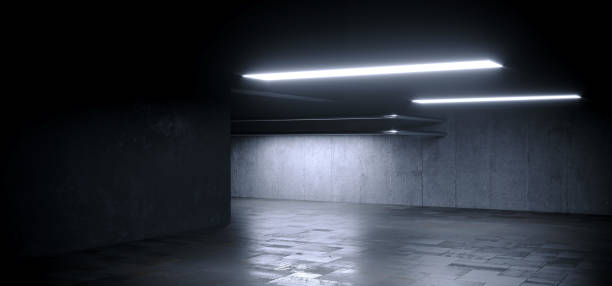 istock Modern Concrete Cement Asphalt Garage Hangar Underground Parking Warehouse Basement Dark Car Showroom Glowing Lights 3D Rendering 1600250509