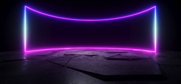istock Neon Sci Fi Retro Cyber Glowing Purple Blue Rectangle Frame On Dark Concrete Rough Floor Empty Spaceship Garage Tunnel Background 3D Rendering 1600262158