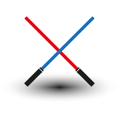 Light swords icon. Blue and red crossing lasers. Two light swords. Two crossed light swords fight. Vector illustration. Eps 10. Stock image.