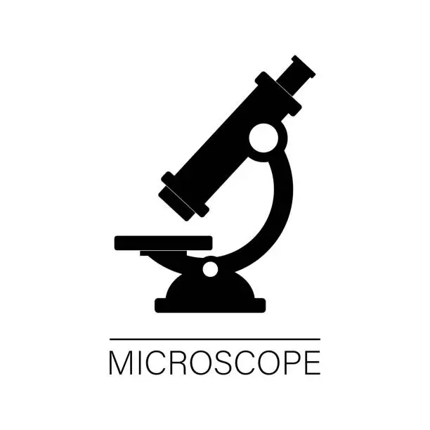 Vector illustration of Microscope, logo or pictogram. Black silhouette of microscope icon isolated on white background. Chemistry, pharmaceutical instrument, microbiology magnifying tool.