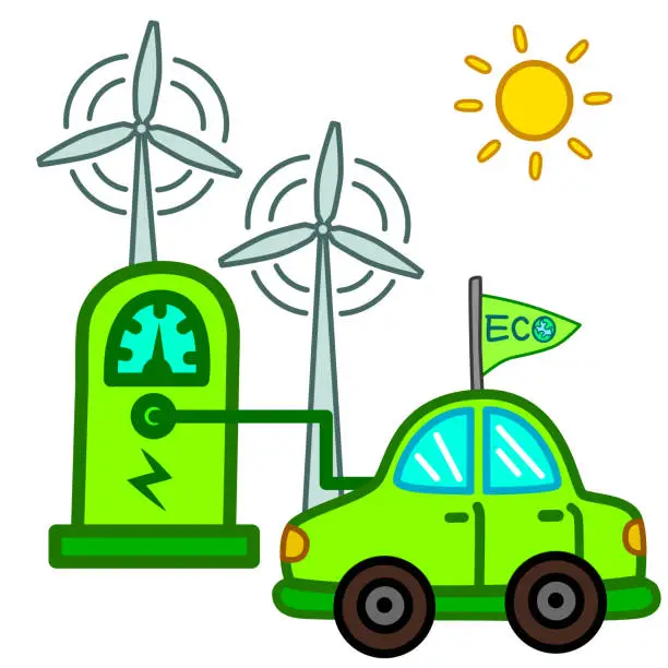 Vector illustration of Environmental Protection with Renewable Energy-Electric Vehicles