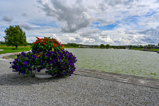 Public park with big pond in Kumla Sweden august 1 2023