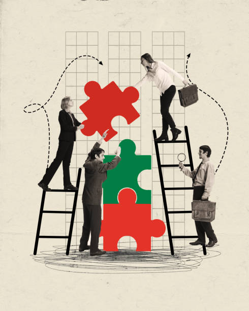istock Contemporary art collage. People making puzzles with ladder, symbolizing team work. 1600329543