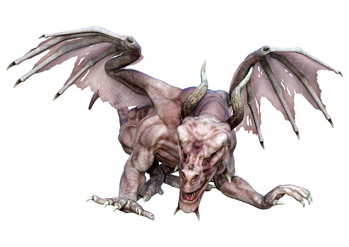 Frightening devilish gargoyle with horns and pig nose looks down