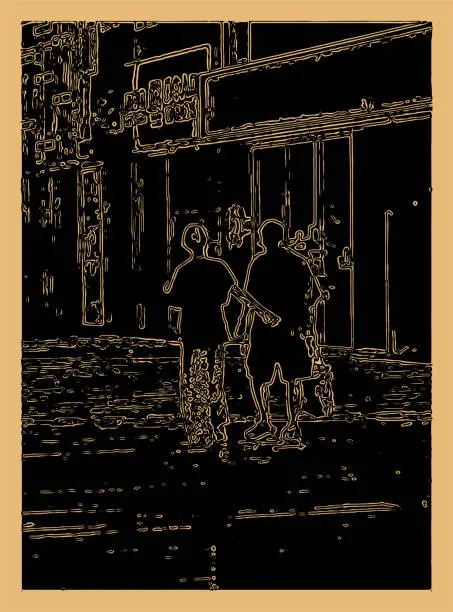 Vector illustration of art woodcut style retail business scene,Shoppers walking in the mall
