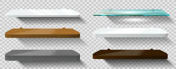 Vector illustration of Empty shelf set isolated on transparent background. Vector mockup collection. 3D bathroom or kitchen podium or product shelf. Stage showcase scene. Glass, white acrylic, wooden, concrete material