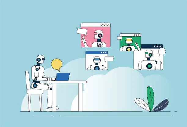 Vector illustration of A group of robots are having a video conference.
