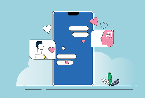 Artificial intelligence and white-collar workers are chatting in love on mobile phones.