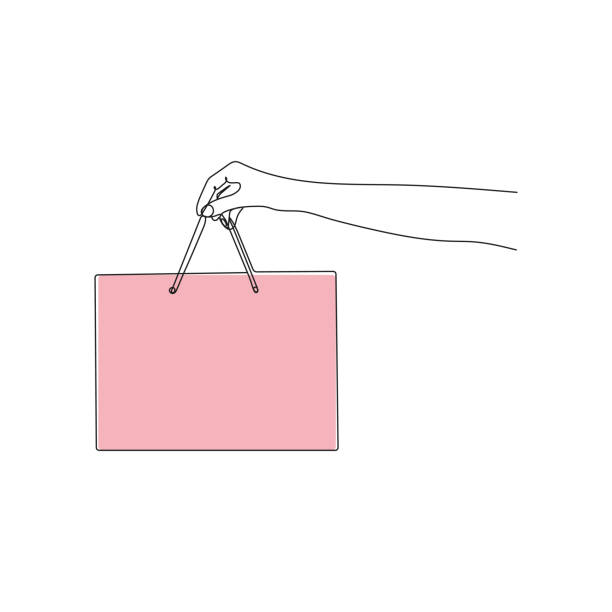 ilustrações de stock, clip art, desenhos animados e ícones de hand holding paper bag. line art. - shopping bag paper bag retail drawing