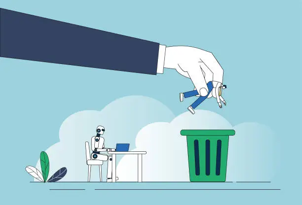 Vector illustration of Robots replace human jobs, businessmen are thrown in the trash.