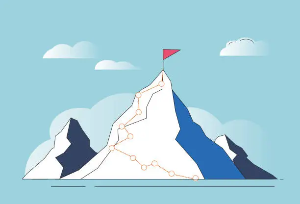 Vector illustration of Mountains, flags, goals, lines.