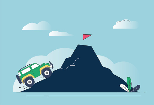 The off-road vehicle climbs towards the goal on the top of the mountain.