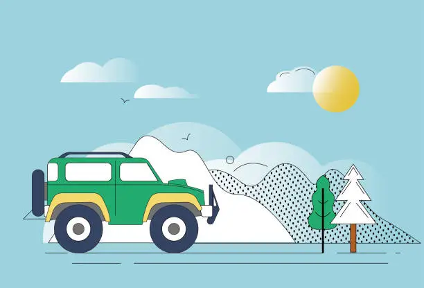 Vector illustration of Buggy, mountains, sun, trees.