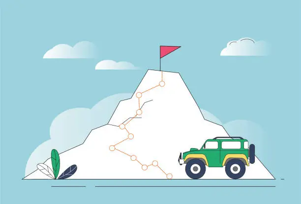 Vector illustration of ff-road vehicles, mountains, flags, lines.