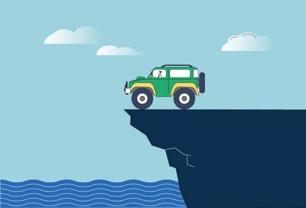 Vector illustration of The off-road vehicle drove to the edge of the sea cliff and had nowhere to go.