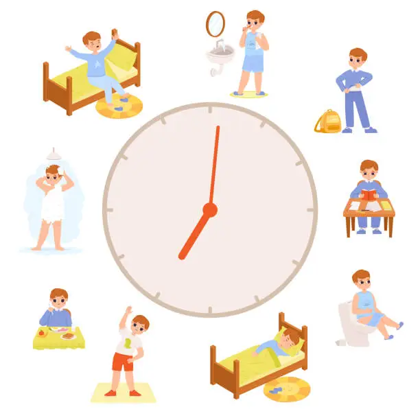 Vector illustration of Little boy daily life schedule. Morning and day routine, time and discipline. Active baby eat and wash, sleep and wake up. Snugly cartoon vector concept