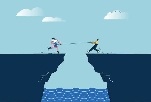 Vector illustration of A man and a woman compete in a tug-of-war on a cliff.