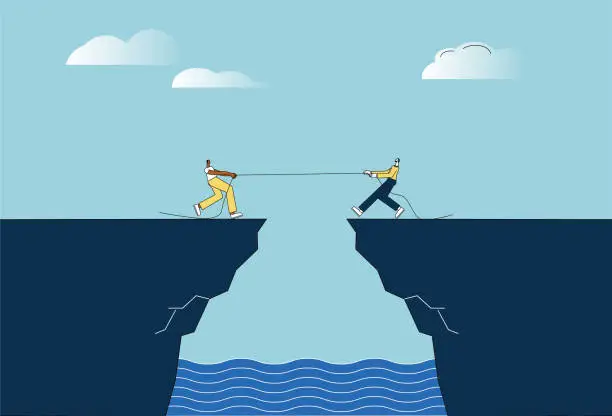 Vector illustration of Two men compete in a tug-of-war on a cliff.