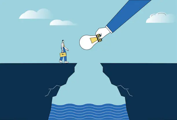 Vector illustration of The giant uses a light bulb to help a white-collar worker walk over a cliff.