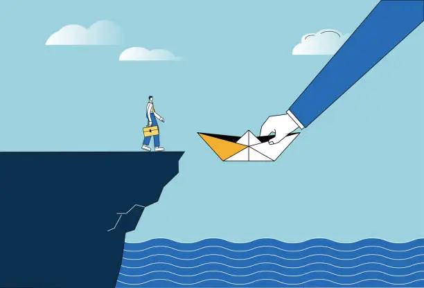 Vector illustration of Giants use boats to help white-collar workers through adversity.
