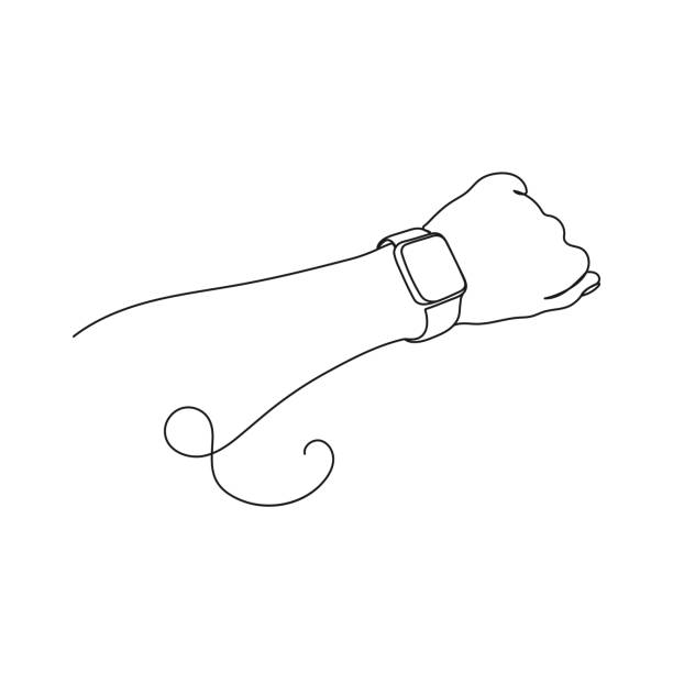 Person's hand indicates a wrist watch. One line art Person's hand indicates a wrist watch. One line art. Smart watch on wrist. Hand drawn vector illustration. fitness tracker illustration stock illustrations