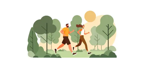 Vector illustration of Young man and woman running in the park. The concept of a healthy lifestyle, active recreation, training in the fresh air. Flat illustration.
