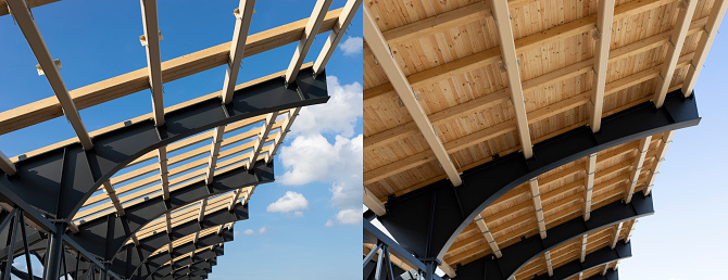 Before And After Shed, Roof Construction, Process Of Building A Wooden Canopy From Boards And Structural Steel Beam, No People. Blue Sky On Background. Engineering. Horizontal Plane.High quality photo