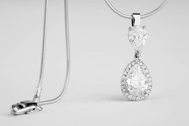 Srebrny naszyjnik z dużym kryształowym wisiorkiem w kształcie łzy, przedstawiający symbolikę talizmanu i magię.