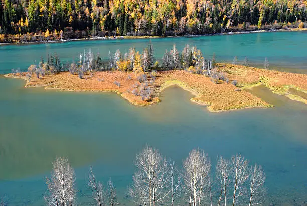 Beautiful lake island in fall